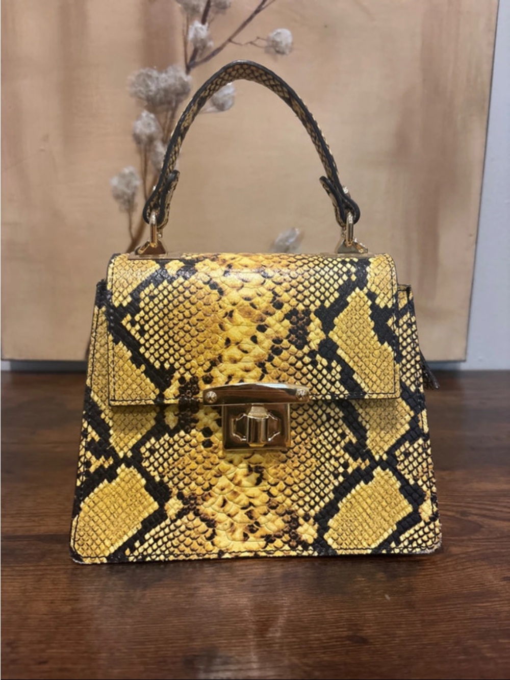 Yellow Snake-Print Mini Top Handle Bag with Gold Hardware
